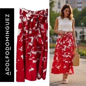 ADOLFO DOMÍNGUEZ COSTURA‎ TIE FRONT RED AND WHITE MAXI SKIRT. SIZE 38